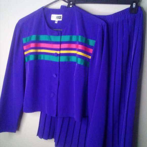 Petite Focus Jacket Skirt Set 16 P Vintage 80s Button Up Pleated Skirt PURPLE - Picture 14 of 15